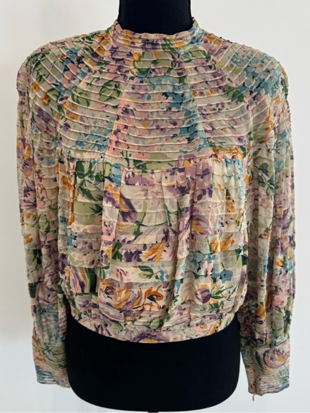 Zimmermann AU 1, Cream Floral Pintuck High-Neck Blouse with Pastel Accents